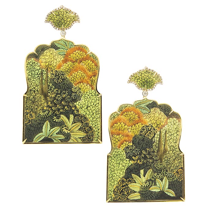 Earrings from Silvia Furmanovich's India collection set with miniature paintings in a frame of 18k gold and diamond. Photo courtesy