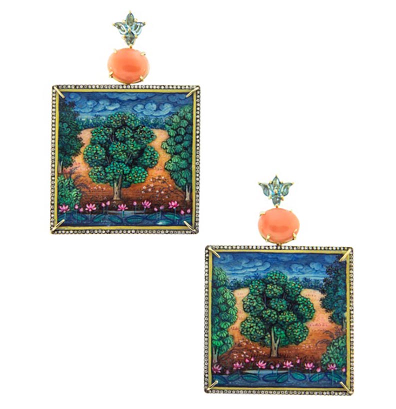 Earrings from Silvia Furmanovich's India collection set with miniature paintings in a frame of 18k gold and diamond. Coral and blue topaz accent the top of the jewels. Photo courtesy