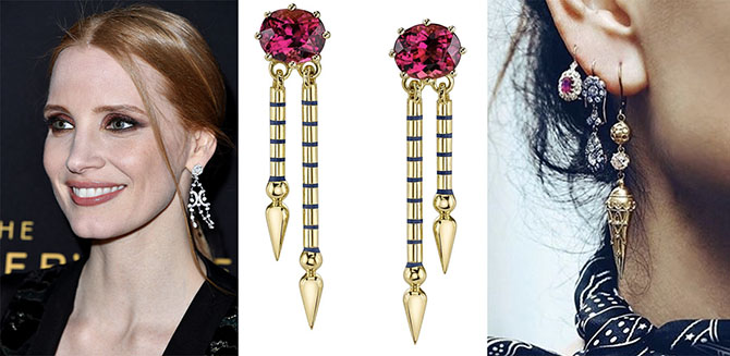 Jessica Chastain in Piaget diamond chandelier earrings, Sarah Hendler earrings and vintage styles via @brokenenglishjewelry