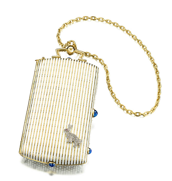 Rabbit Vanity Case, ca. 1924; Produced by Cartier (Paris, France); Gold, seed pearls, diamonds, sapphires, enamel, ruby, sapphire, pencil, mount of 18-karat gold; 10.4 x 5 x 1.7 cm (4 1/8 x 2 x 11/16 in.); Photo: Doug Rosa