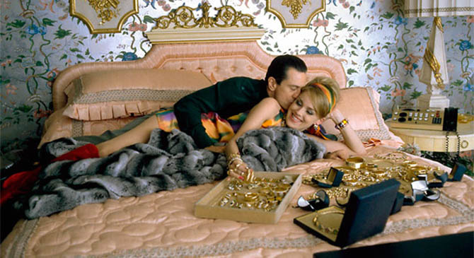 Robert DeNiro and Sharon Stone snuggle on the bed with the Bulgari jewelry in 'Casino.' Photo Universal Pictures