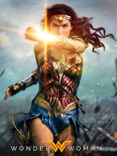 A movie poster for 'Wonder Woman' directed by Patty Jenkins showing Gal Gadot deflecting bullets with her bracelets on the battlefield. Photo Warner Brothers