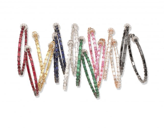 Nam Cho 18K Gold Baguette Hoops with Diamond Accents in Ruby, Yellow, Blue and White Sapphire, Emerald, Pink Sapphire and Black Diamond, prices range from $9,340-$19,680