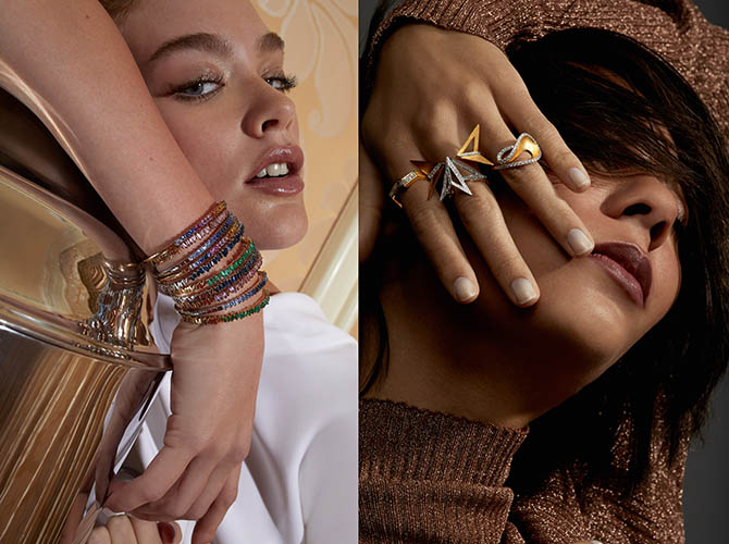 Suzanne Kalan's multigem bracelets and Kavant & Sharart gold and diamond rings Photo Moda Operandi