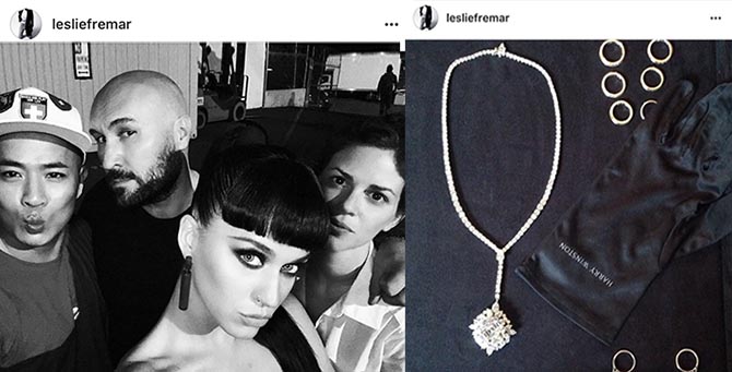 From the Instagram of @lesliefremar, the stylist in a selfie with Katy Perry and her beauty squad and Harry Winston Jewels.