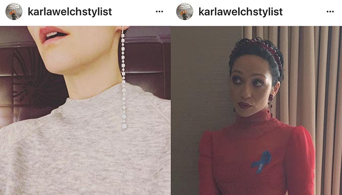 From @karlawelchstylist Instagram, the stylist trying on the Forevermark diamond shoulder dusters she designed for Sarah Paulson to wear on the red carpet and Ruth Negga in her Oscar look including Irene Neuwirth jewelry.