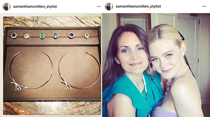 From @samanthamcmillen_stylist Instagram, Tiffany jewels on a photoshoot and the stylist with Elle Fanning who is wearing Chanel Fine Jewelry in Cannes Photo @samanthamcmillen_stylist/Instagram