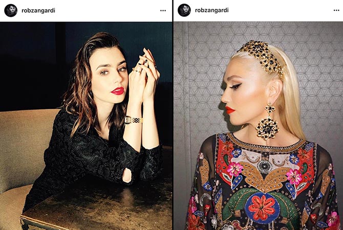 From the Instagram of @robzangardi, Lily Collins wearing a Cartier Panthere watch and Gwen Stafani in Marianna Harutunian Jewels backstage while filming The Voice Photo @robzangardi/Instagram