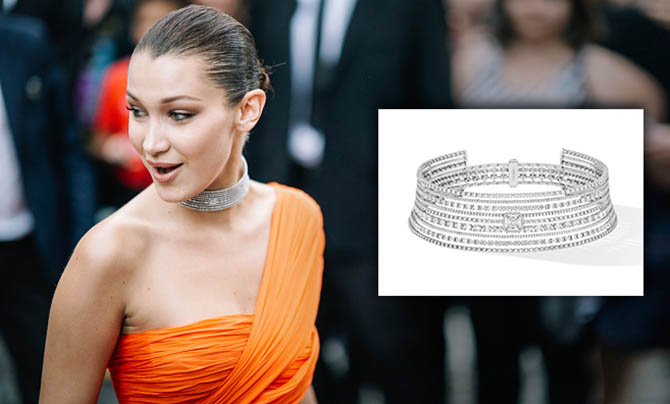 PARIS, FRANCE - JULY 04: Bella Hadid in a Messika Paris diamond choker at the Vogue Foundation Dinner, during Paris Fashion Week - Haute Couture Fall/Winter 2017-2018, on July 4, 2017 in Paris, France. (Photo by Edward Berthelot/GC Images)