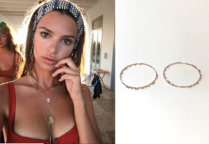 Emily Ratajkowski wearing hoops, a body chain and necklaces by Jacquie Aiche as well as a Good Luck Charm necklace by Jennifer Meyer