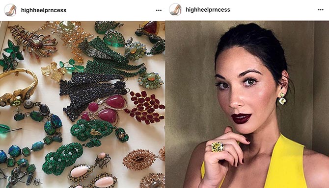 From the Instagram of @highheelprncess, a tray full of Lorraine Schwartz jewels shot during Oscar season and Olivia Munn dripping in Lorraine Schwartz jewels while filming 'Oceans 8.'