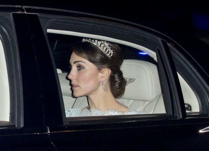 Kate Middleton wearing the Cambridge Lover's Knot Tiara to a reception in December, 2016.