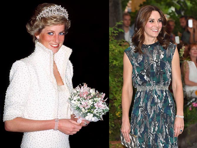 Princess Diana wearing her triple strand pearl bracelet in 1989 and Kate Middleton wearing the same jewel in 2017. Photo Getty