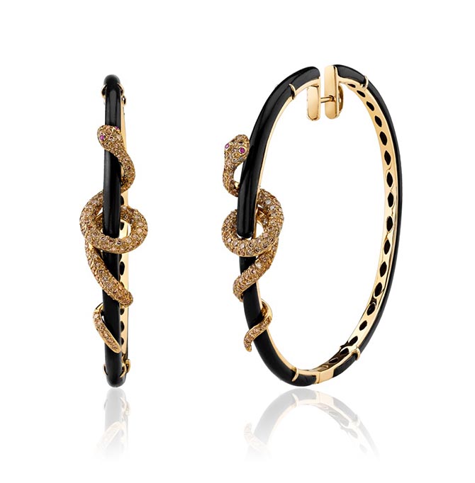 Ebony and diamond snake hoops from Borgioni worn by Taylor Swift in "Look What You Made Me Do" video.