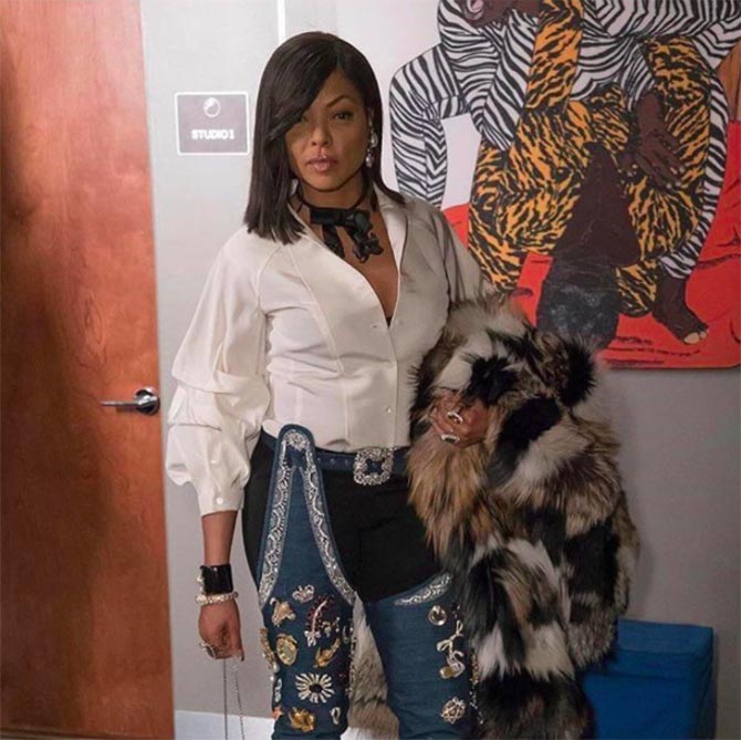 Taraji P. Henson wears the Rihanna x Manolo Blahnik boots with a Cookie touch—bedazzled in Kenneth Jay Lane brooches in Season 3 of 'Empire.' Photo @tarajiphenson /Instagram