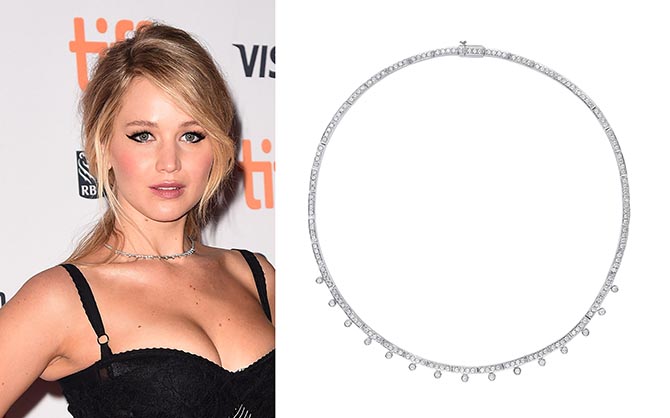Jennifer Lawrence wearing the Penny Preville diamond choker (at right) at the Toronto Film Festival premiere of her film 'Mother!' Photo Getty and courtesy