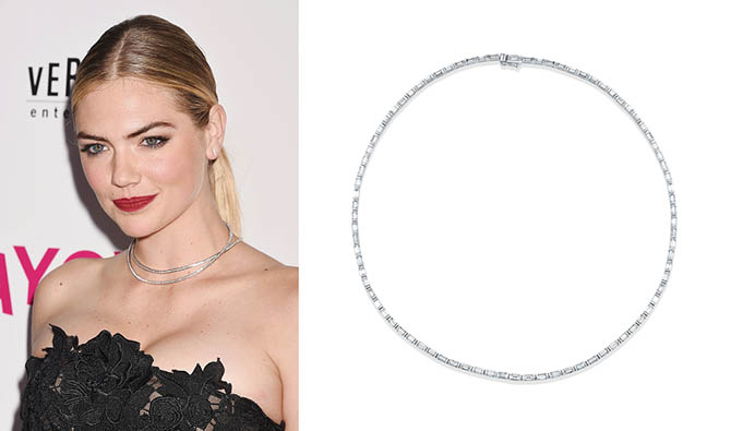 Kate Upton wearing two Anita Ko diamond chokers at the premiere of 'The Layover' on August 23, 2017. Photo Jeffrey Mayer/WireImage