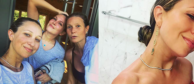 Jennifer Meyer wearing her Diamond Tennis Necklace after a Tracy Anderson workout with Dasha Zhukova and Gwyneth Paltrow and in a selfie with a pair of her pendant earrings. Photo JenniferMeyerJewelry/Instagram