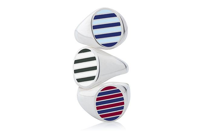 Silver and enamel signet rings from Collegiate by Jessica Biales Photo courtesy