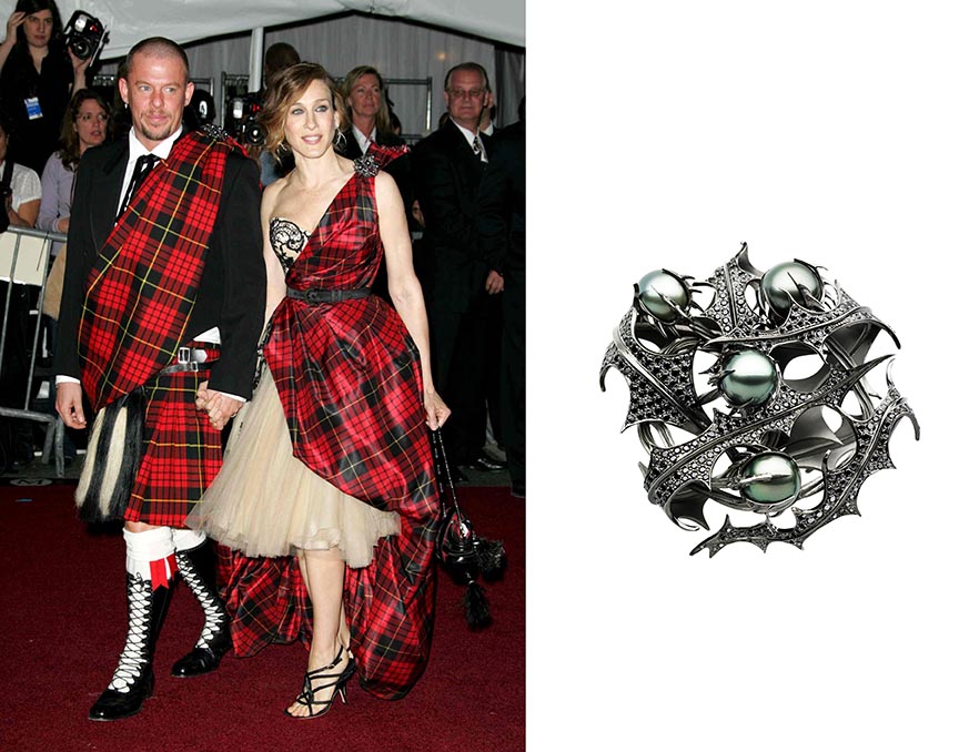 At the 2006 MET Ball, Alexander McQueen and Sarah Jessica Parker both wore one of Shaun Leane's silver 'Thistle' brooches on the shoulder of their tartans. One of the pair at right is in the Sotheby’s sale with an estimate $40,000/60,000. Photo Rex Features and Sotheby's