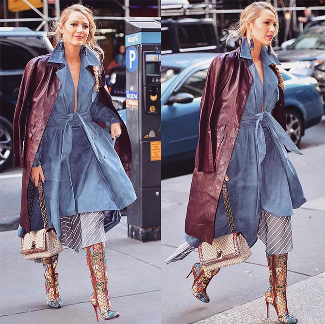 For Blake Lively's final out of her press tour, she wore Lorraine Schwartz tassel earrings with a Jonathan Simkhai outfit and Louboutin boots and a Bottega Veneta bag.
