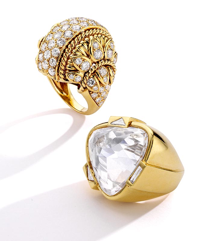 Aerin Lauder Zinterhofer’s vintage diamond and gold Van Cleef & Arpels ring and rock crystal and diamond David Webb ring. She is selling the jewels at Sotheby's to benefit BCRF. Photo courtesy of Sotheby's