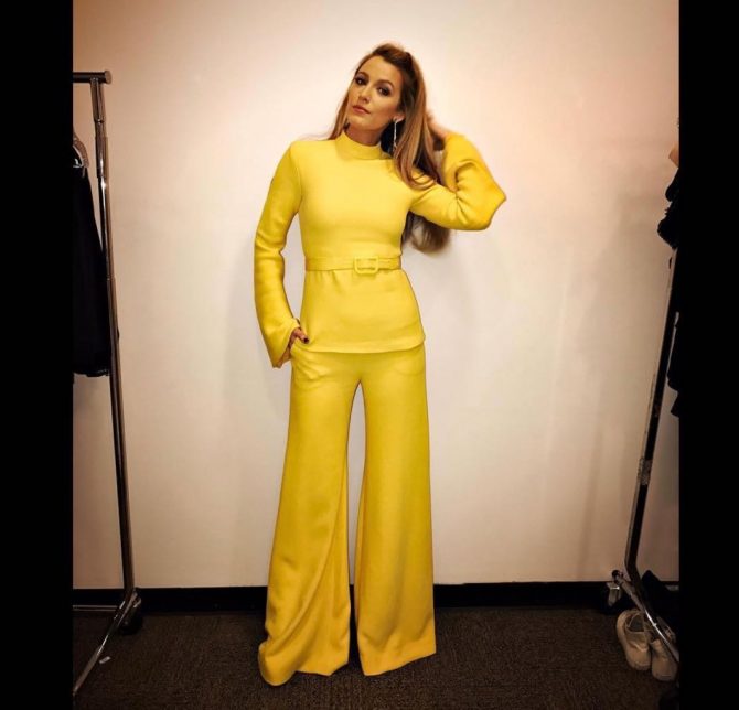 Blake Lively poses in the Brandon Maxwell suit she described as b. A. n. A. n. A. S. and jewels by Lorraine Schwartz and Ofira. Photo @BlakeLively/Instagram