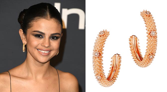 At the 3rd Annual InStyle Awards on October 23, 2017 in Los Angeles, Selena Gomez wore Cactus de Cartier pink gold and diamond hoops. Photo by Steve Granitz/WireImage