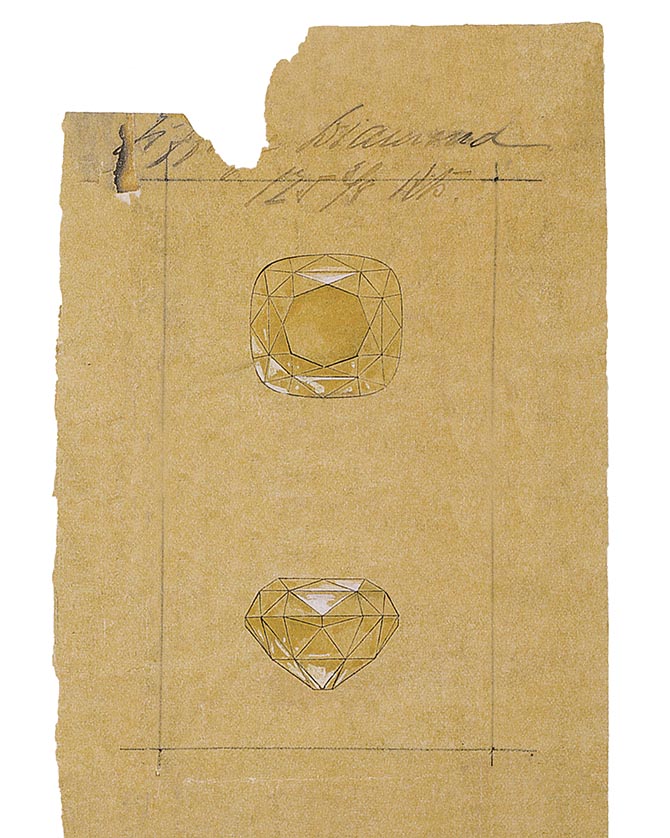 A rendering of the Tiffany Diamond from an 1886 ledger in the Tiffany Archives. Photo courtesy
