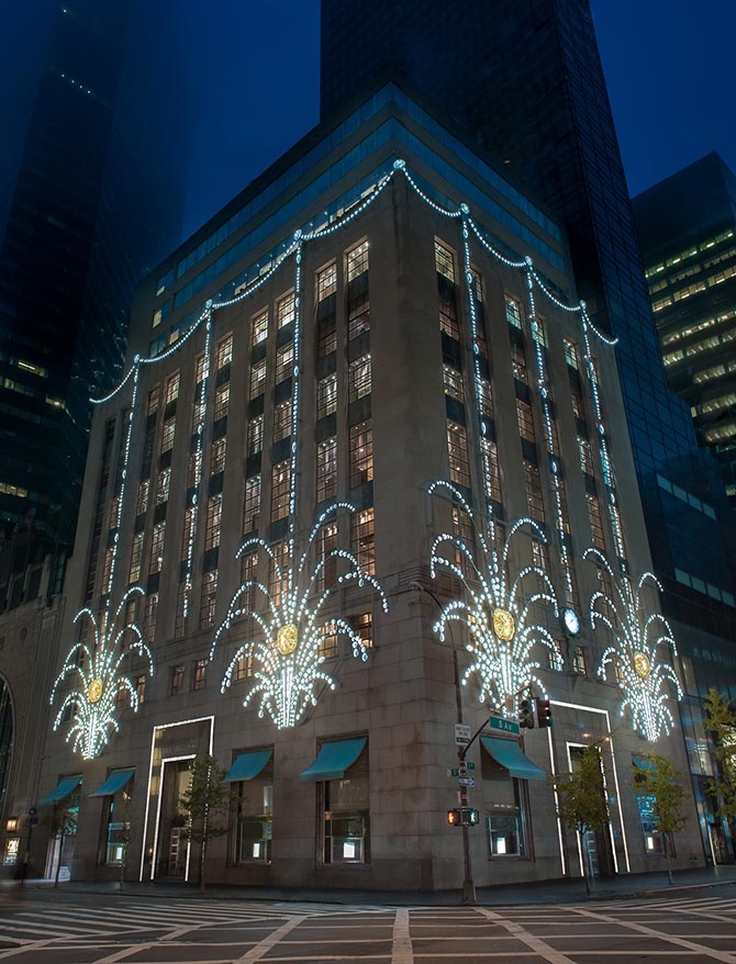 The Tiffany flagship decked out for the holidays in white lights and a yellow ones representing the Tiffany Diamond. Photo courtesy