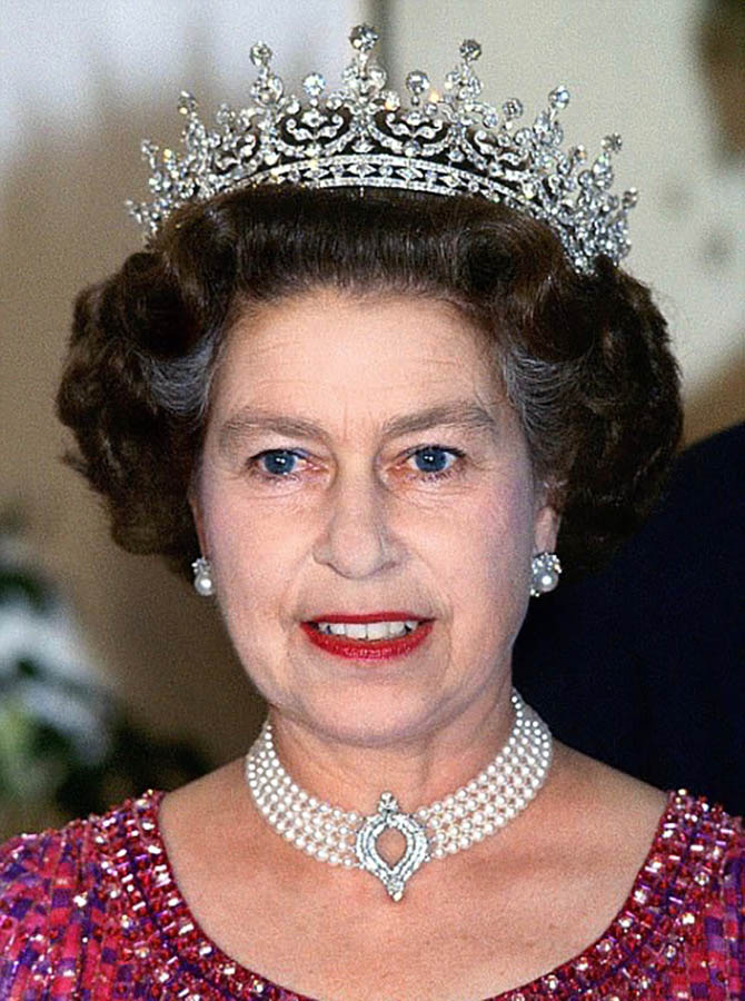The Queen wearing her Four Row Choker in Bangladesh in 1983 with Queen Mary's 'Girls of Great Britain and Ireland' Tiara. Photo Getty