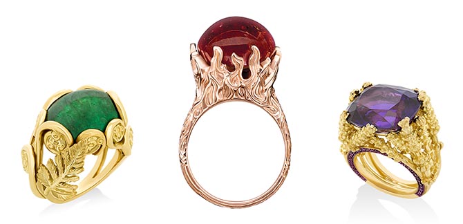 Three rings from Solange Azagury-Partridge's Supernature collection: the emerald and gold Fern ring, the Spessartite garnet and red gold Phoenix ring and the amethyst and gold Lilac ring. Photo courtesy