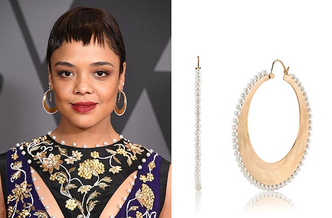 At the Academy Of Motion Picture Arts And Sciences' 9th Annual Governors Awards on November 11, 2017, Tessa Thompson wore rose gold and Akoya pearl hoops by Irene Neuwirth. Photo Steve Granitz/WireImage