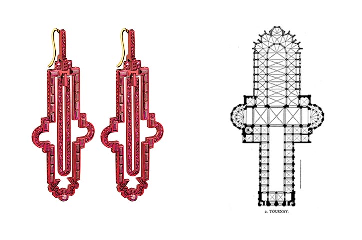 Solange Azagury-Partridge's Notre Dame earrings are set with rubies, purple diamonds and ceramic plate in yellow gold next to a floorplan of Notre Dame. The nave of the church is on the bottom of the earrings. Photo courtesy and Wikipedia Commons