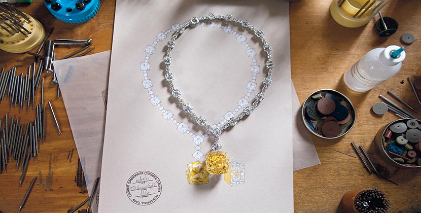 The Tiffany diamond in a diamond necklace designed in 2012 to celebrate the jeweler's 175th Anniversary. Photo Tiffany