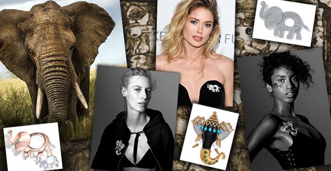 A collage by Sally Davies with (at top) Doutzen Kroes wearing Tiffany's Save the Wild diamond brooch and Julia Nobis and Imann Hammam in Tiffany's Schlumberger brooch Photo Getty Images, Dan Jackson, Tiffany & Co. and IStock