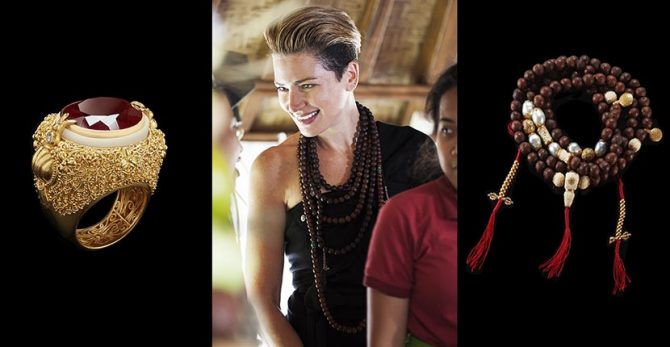 Tagua Seed jewels by designer Alexandra Mor who is shown at center in Bali Photo jewels by Russell Starr and portrait by Ken Kochey