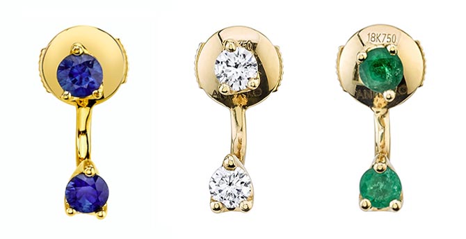 Single Orbit Earrings by Anita Ko in sapphire, diamond and emerald. Photo courtesy