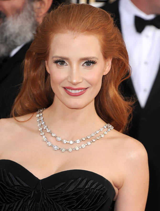 Jessica Chastain in a vintage Bulgari diamond and platinum necklace at the 2014 Golden Globe Awards. Photo by Steve Granitz/WireImage