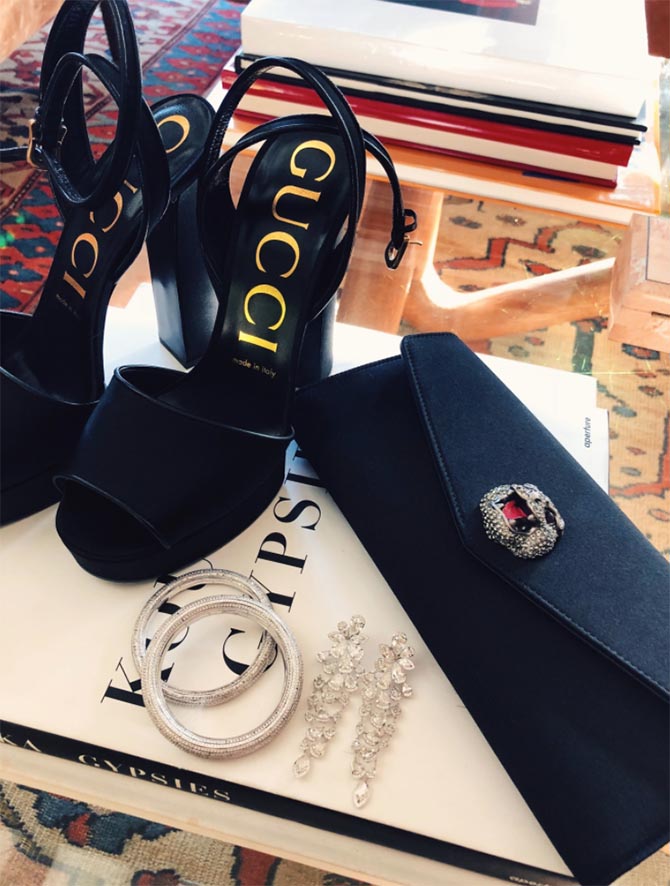 Stylist Kate Young's photo of Dakota Johnson's Nirav Modi jewels and Gucci accessories for the Golden Globes. Photo courtesy of @KateYoung/Instagram Stories