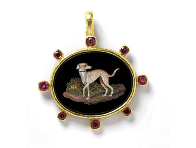 Elizabeth Locke gold pendant with an oval 19th century micromosaic of a "Whippet" set in a gold pendant accented with red spinels. Photo courtesy