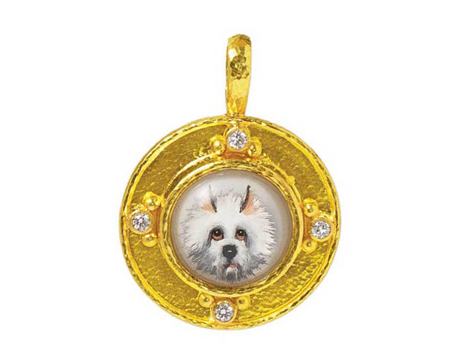 Elizabeth Locke antique Essex crystal 'White Dog' gold pendant with diamonds. Photo courtesy