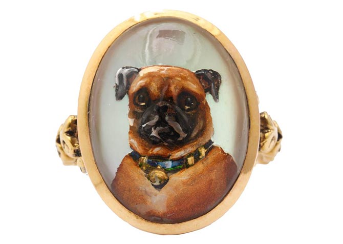 Pug reverse crystal Victorian intaglio 10K gold ring, circa 1870