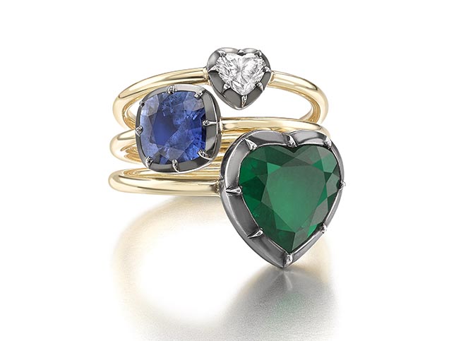 Diamond heart, sapphire and emerald heart rings with Georgian Cut Down Settings by Jessica McCormack
