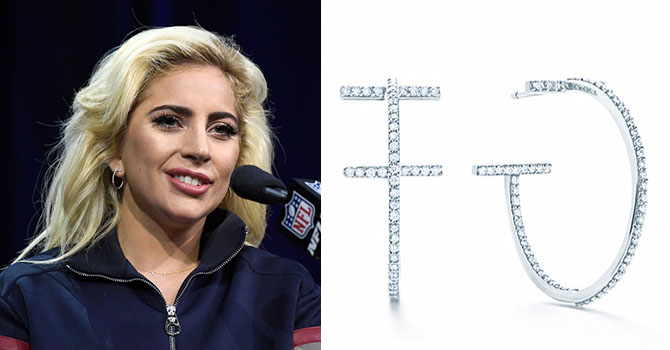 Lady Gaga in Tiffany T diamond hoops at the 2017 Super Bowl press conference. Photo by Frazer Harrison/Getty Images