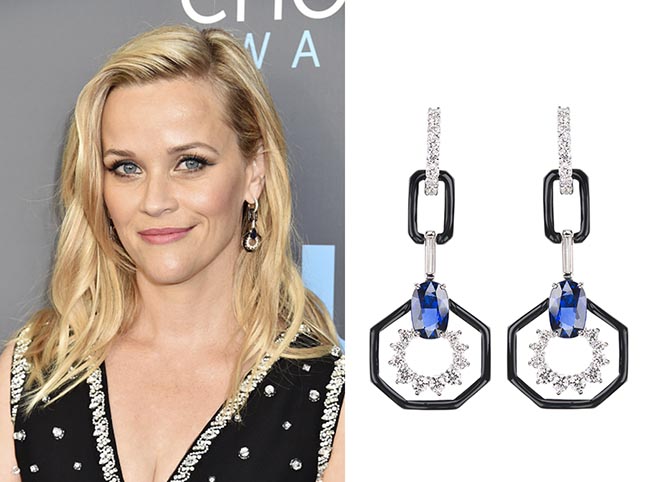 Reese Witherspoon in Nikos Koulis earrings at The 23rd Annual Critics' Choice Awards. 