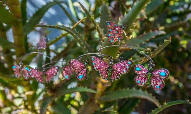 Pink sapphire, turquoise, diamond, silver and 18K gold Butterfly Mobile earrings by Sylvie Corbelin Photo by Sally Davies