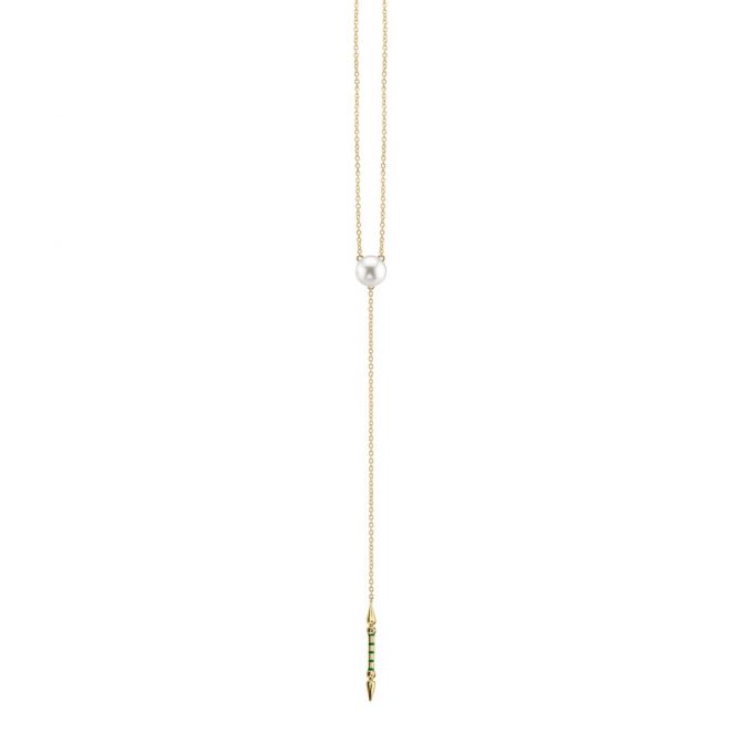 Sarah Hendler Pearl Shirley Spear Lariat in 18k yellow gold, enamel and white freshwater pearl, $2,520