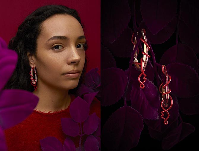 Bea Bongiasca Your So Vine! Drop Hoops in 9K rose gold with red enamel on silver vines and fuchsia sapphires worn by a friend of the designer. Photo courtesy