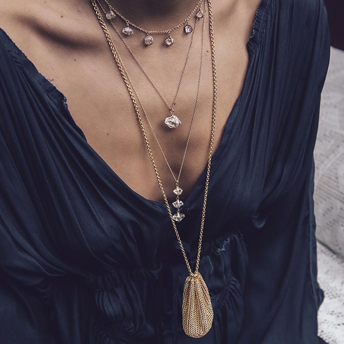 Jacquie Aichel jewels and Voler Love gold mesh pendant necklace for crystals. Photo courtesy